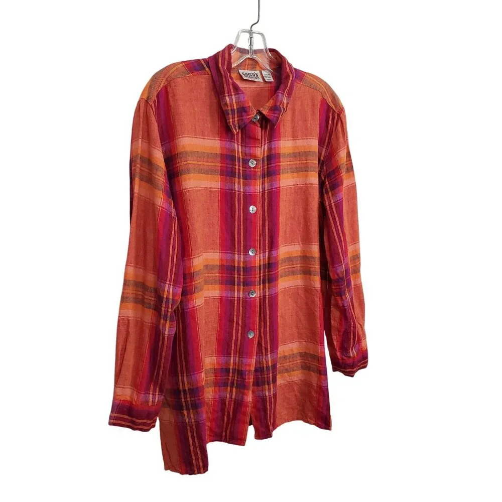 Chicos Design 3 Size XL Shirt Abalone Shell Button Plaid 100% Linen Relaxed Boho - Picture 1 of 11